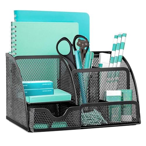 OKPOW Mesh Desk Organiser,Multi-Use Desk Tidy & Pen Holder with 6 storage and 1 Slide Drawer,Stationary Organiser for School,Home,Office desktop supplies (Black)