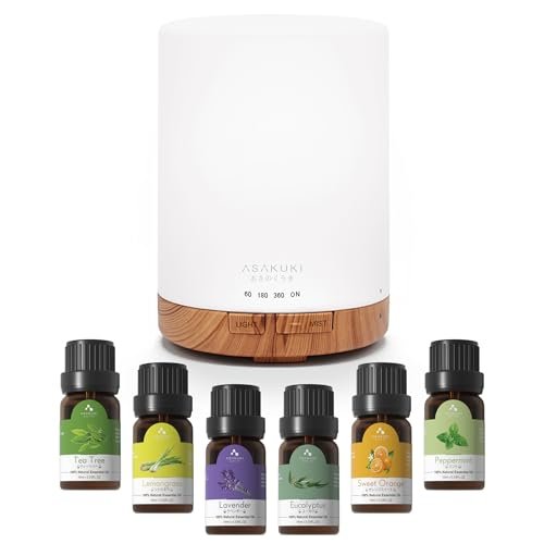 ASAKUKI 300ml Aroma Diffuser for Essential Oils with 6Pcs*10ml Pure Essential Oil