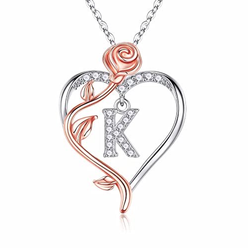 Iefil Rose Heart Necklaces Gifts for Women,925 Sterling Silver Rose Love Heart Initial Letter Pendant Necklace Jewelry Mothers Day Valentines Anniversary Birthday Gifts for Her Mom Wife Girlfriend