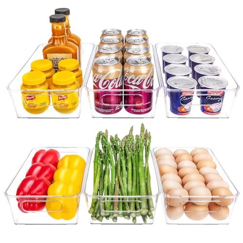 HOMER Set of 6 Refrigerator Organizer Bins, Pantry Organization and Storage Bins, Fridge Organizers with Cutout Handles, Clear Plastic Storage Bins for Pantry - BPA Free Kitchen Organizers