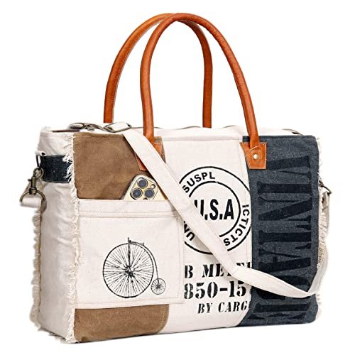 CLA Bags SEL de MER Upcycled Large Upcycled Canvas Crossbody Bag & Cowhide Tote Bag, Upcycled Canvas & Cowhide Leather Handbag Bag for Women (Off-White)