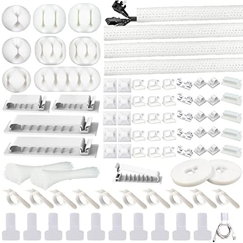 DRIVUU White Cable Management Organizer Kit 4 Cable Sleeve Split,47Cable Clips 12Cord Clips Holder,22 Cable Ties, 20 Adhesive Wall Cable Tie, 200Fasten Cable Ties for TV Electronics