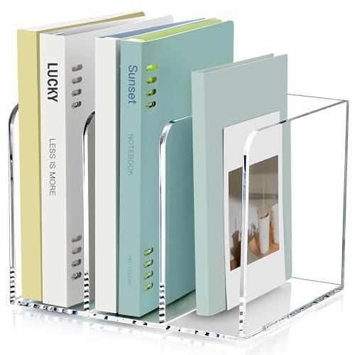 Acrylic Magazine Holder Desk Organizer Workspace Sorters，Clear Bookend File Sorter Holder，Folder Rack, Office Accessories Organization Storage with 3 Vertical Compartments
