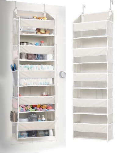 ULG 5-Tier Over Door Organizer with 5 Large Pockets 10 Mesh Side Pockets, 44 lbs Weight Capacity Hanging Storage Organizer with Clear Window for Bedroom Bathroom Kitchen, RV, Camper, Beige