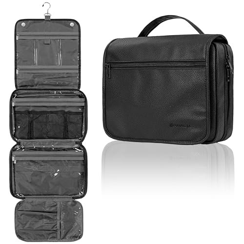 PAVILIA Hanging Toiletry Bag Women Men, Foldable Cosmetic Organizer Travel Bag, Water Resistant Makeup Bag Toiletries, Large Travel Essentials Kit (Black)