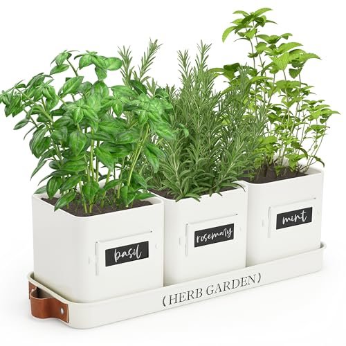 PERFNIQUE Indoor Herb Garden Planter Set With Tray, Farmhouse Plant Pots, Windowsill Planter With Drainage for Indoor/Outdoor, Window Pots (White)