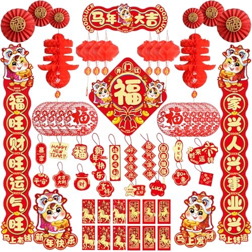 58 Pcs Chinese New Year Decorations 2026 Year of the Horse, Lunar Chinese New Year Stickers Party Decorations Couplets, Spring Festival Couplets, Fu Character Paper for Spring Festival, Party Decor