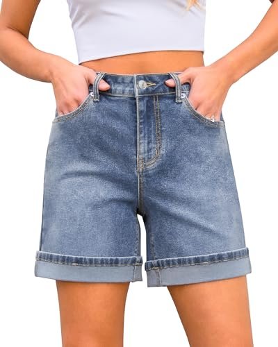 luvamia Jean Shorts for Women Trendy High Waisted Mid Thigh Fold Hem Cutoff Casual Summer Stretchy Denim Shorts Jorts Womens Clothes Trendy Bay Blue XX-Large Fits Size 20 Size 22