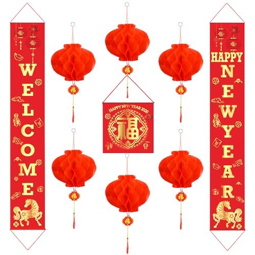 Auihiay Chinese New Year Decorations 2026, Lunar New Year Couplets Chunlian Set, Fu Character and Chinese Lanterns Party Decoration, Spring Festival Party Decorations Year of the Horse 2026